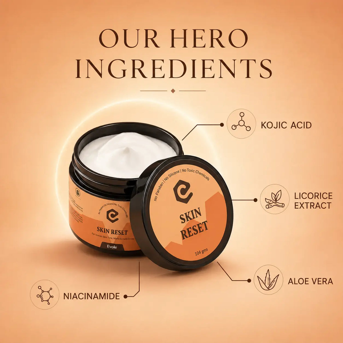 Evole Skin Reset | De-Tan & Brightening Cream with Kojic Acid & Niacinamide